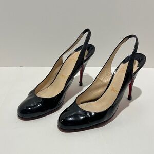 Christian Louboutin Black Patent Leather Round Toe Slingback Heels, Size 41